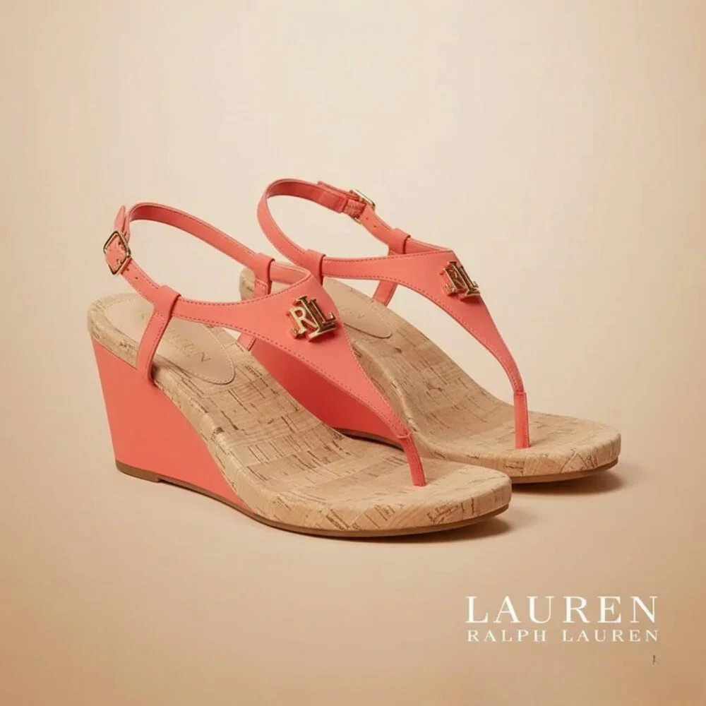 Lauren Ralph Lauren Jeannie Coral Logo Wedge Sandals Thong Flip Flop 6 - Picture 1 of 13